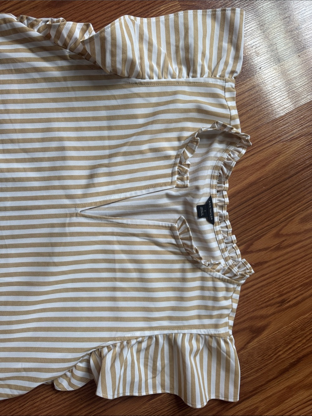 Ann Taylor Cream and Tan Striped Ruffle Sleeve Blouse - Picture 3 of 4